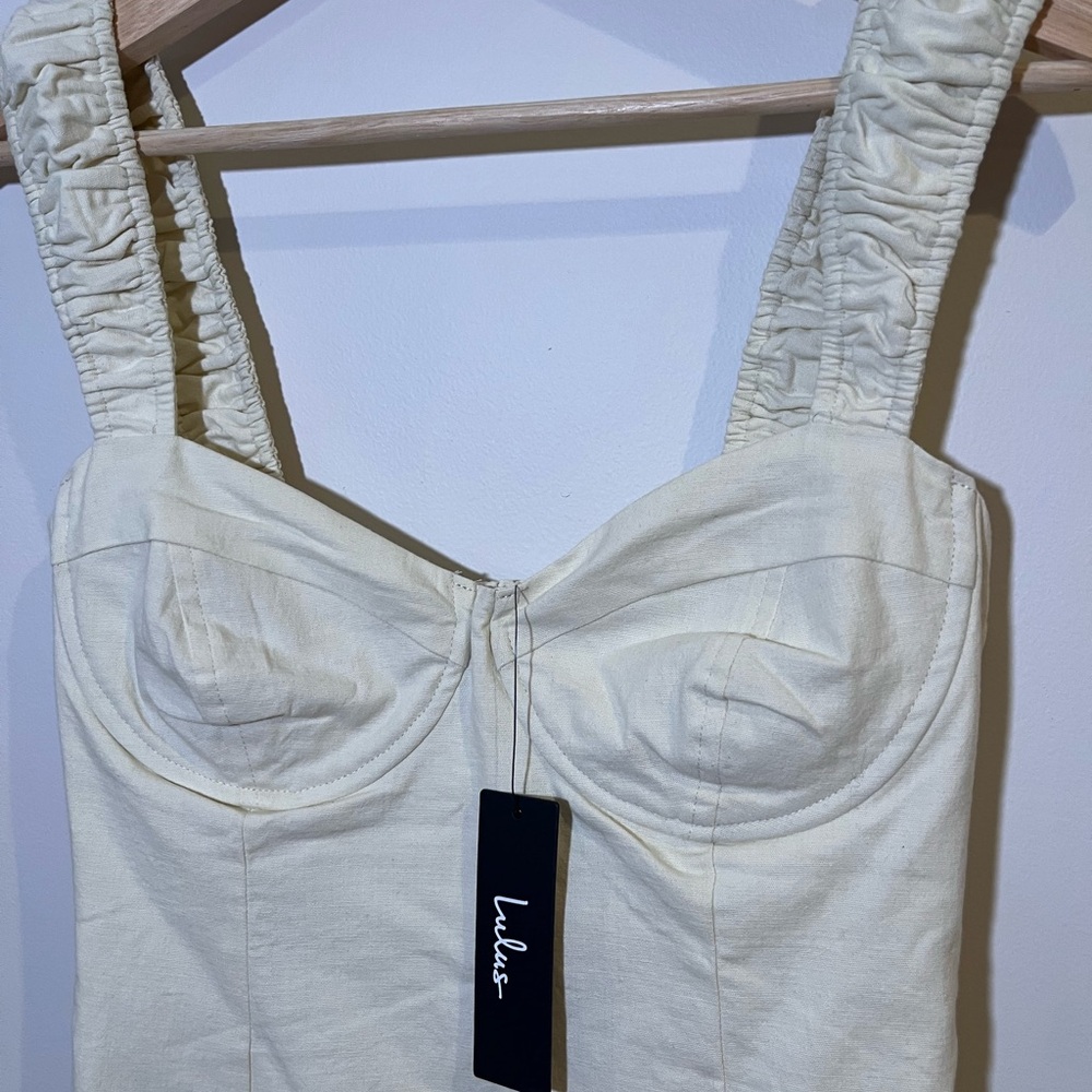 LuLus Amyra Cream Cap Sleeve Bustier Midi Wedding Bridal Dress NWT - Picture 5 of 13